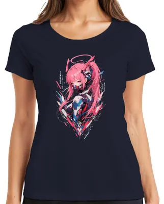 Productafbeelding van Cyberpunk anime, meisje, roze haar, cyborg, Japan, Y2K, techwear, dames T-shirt, marineblauw, maat M