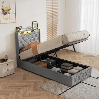 Imagen del producto de REMZETTA: Cama tapizada de 90x200 cm, cama individual con baúl hidráulico, luces LED RGB, puerto USB-C, cabecero con espacio de almacenamiento, tapizada en terciopelo, color gris