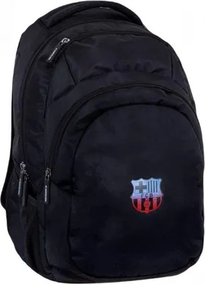 A black backpack with the FC Barcelona logo.