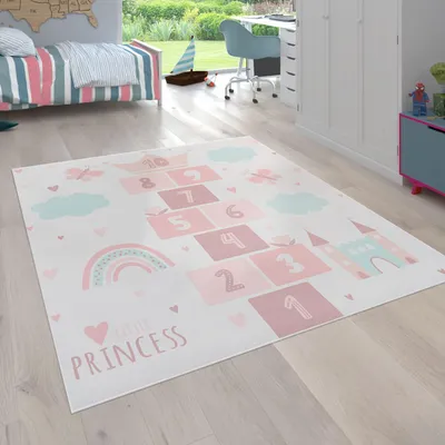 Produktbild von Kinderteppich waschmaschinenwaschbar Prinzessinnen‑Hüpfkästchen‑Muster Kinderzimmer schmutzabweisend Creme Quadrat 200S | 100% Polyester