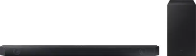 A black soundbar and subwoofer are displayed against a white background.