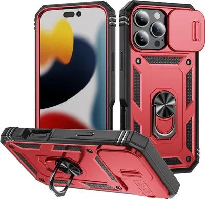Produktbild von iPhone 16 Pro Max Hülle, Schiebe Kamera Schutz Stoßfest Schutzhülle mit Ringhalterung Ständer für iPhone 16 Pro Max Rot