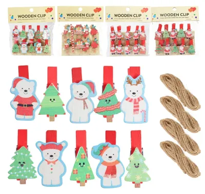 40 Holz-Weihnachtsklammern, 10 Motive, 48×7 mm, Deko-Klammern