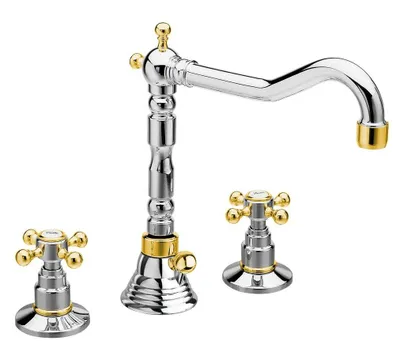 A three-piece faucet set with a retro design, featuring chrome and gold accents, displayed against a white background.