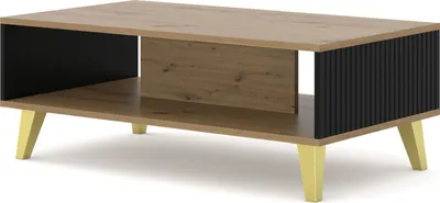 Zdjęcie produktu dla Stolik kawowy RAVENNA B 90x60 cm DĄB ARTISAN / CZARNY MAT ze złotymi nogami Stolik kawowy Stolik boczny Stolik do salonu