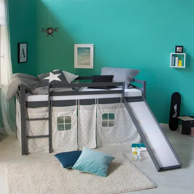 Produktbild von Homestyle4u Hochbett 90x200 Kinder Weiß ohne Lattenrost mit Rutsche Vorhang Grau mit Sternen Spielbett