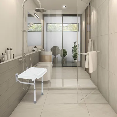 Image de Siège de douche XMTECH pliable pour montage mural - siège de bain pliable avec pieds, antidérapant & peu encombrant, en aluminium, idéal pour les personnes âgées & handicapées