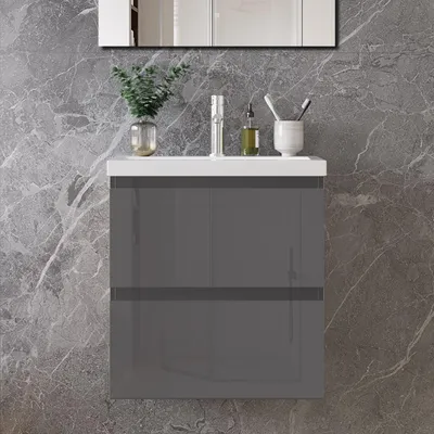 Produktbild von 50 cm Badmöbel-Set Unterschrank mit Mineralguss waschtisch 2 Schubladen soft-close Hochglanz Anthrazit Selbstmontierter