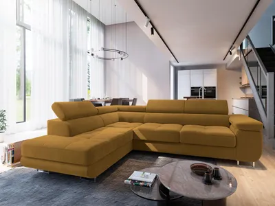 Produktbild von Masseno Ecksofa SELVA L-S mit Schlaffunktion L-Form, Sofa mit Bettkasten, Wohnzimmersofa, Couch, Soffa, Bettsofa, Couchgarnitur- Gelb, MONOLITH 48