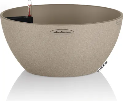 Produktbild von LECHUZA-Pflanzgefäß CUBETO Stone 30 Sandbeige | Pflanzschale mit Bewässerungssystem und Pflanzeinsatz | Naturstein-Optik | Ø 30 x 13,5 cm | 13831