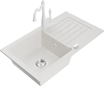 Produktbild von Mexen Pablo 1 Becken-Granitspüle mit Abtropffläche und Mischbatterie Carla, Weiß - 6510-20-670700-20
