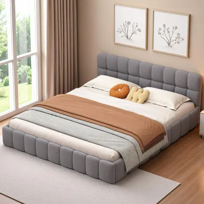 Obrázok produktu pre Čalúnená posteľ 160 x 200 cm, posteľ pre mladých, manželská posteľ s mäkkým operadlom, čalúnený rám, sivý ľanový rošt (matrac nie je súčasťou balenia)