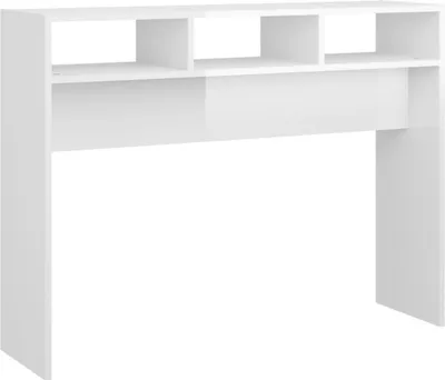A white console table with shelves on top, shown against a white background.