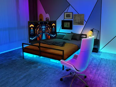Produktbild von Schwarzes Gaming-Bett mit verstellbarer Halterung, LED-Beleuchtung und Unterbett-Aufbewahrungskörben. Großes Metallbett mit einer Länge von 206 cm.