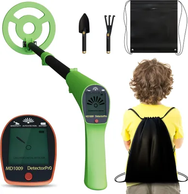 Image de Détecteur de métaux NAIZY pour enfants à partir de 5 ans, détecteur de métaux pour enfants de haute précision avec écran LCD, bobine de recherche étanche, réglable en hauteur, léger et portable, pelle & râteau inclus, vert