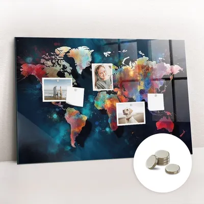 Obrázek produktu pro Magnetická Tabule na Zeď Skleněná - Memo Board Kleněnou Přední Stranou - 5 magnetů v balení - 90x60 cm - Abstraktní mapa