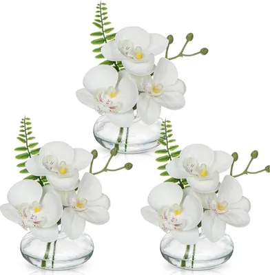 Produktbild von 3er Set Kunstblumen Orchideen Deko Glasvase Weiß Wohnzimmer Büro Bad
