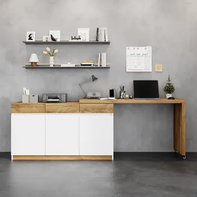 Zdjęcie produktu dla Stół biurko na kółkach, biurko narożne z obrotową blatem, komoda z miejscem do przechowywania, wymiary: 116*45*74 cm i 120*45*78 cm, kolor: biały + naturalny, materiał: płyta wiórowa