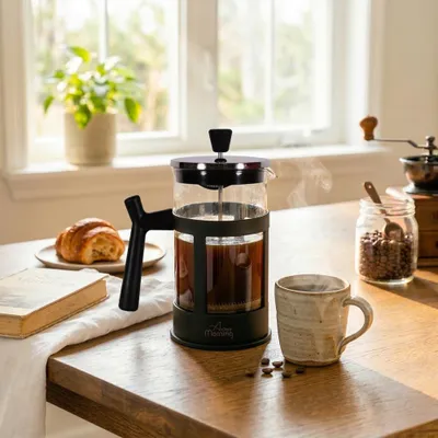 Image de Machine à café et à thé Any Morning French Press avec filtres en acier inoxydable à mailles fines, presse à thé en verre borosilicate, portable, facile à nettoyer, 20 oz