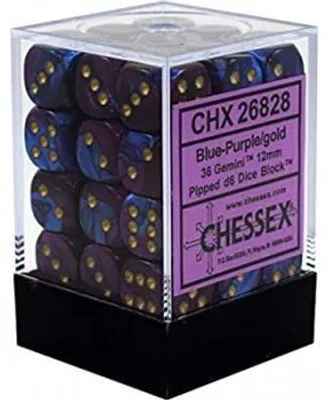 Produktbild von Chessex Gemini 12mm d6 Dice Blocks with pips Dice Blocks (36 Dice) - Blue-Purple w/gold