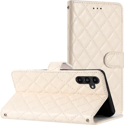 Produktbild von CLM-Tech Handyhülle kompatibel mit Samsung Galaxy A25 5G Hülle - Tasche aus Kunstleder - Klapphülle mit Ständer und Kartenfächern - Schutzhülle Wallet Case Cover Diamant Kariert beige