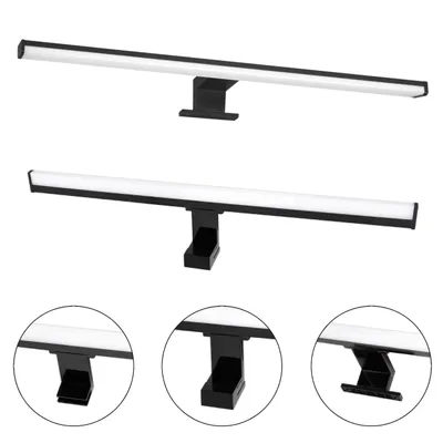 Two views of a black LED light bar with a white light strip, mounted on black brackets. Three circular close-up views of the mounting brackets are shown below.