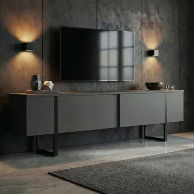 Produktbild von Skye Decor, Hochwertiger TV-Ständer, Anthrazit & Schwarz, 180 x 50 x 30 cm | 100% melaminbeschichtete Spanplatte, 18 mm dick | Modernes, industrielles Design für Ihr Zuhause.