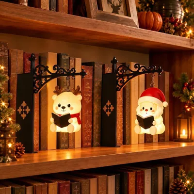 Produktbild von 2er Vintage Buchstütze mit Laterne, Weihnachtsmann & Rentier, warmem LED-Licht, kabellos, dekorativer, Metallbügel – für Bücherregal, Wohnzimmer