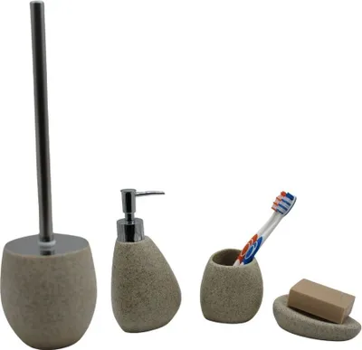 Produktbild von 4tlg Set Bad Accessoires WC Bürste Seifenspender Zahnbürstenhalter Seifenschale Stone sabbia