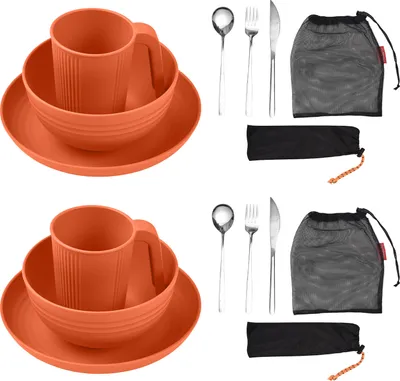 Produktbild von Camping-Besteck-Set fš¹r 2 Personen, tragbares Essgeschirr aus Weizenstroh mit Schš¹ssel, Teller, Tasse, Gabel, Messer, L?ffel, Outdoor-Geschirr und Picknickgeschirr