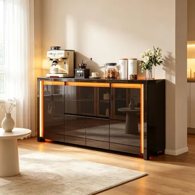 Produktbild von INONEFT Anrichte,Sideboard,Küchenschrank mit LED,2 Schubladen 4 Türen, Aufbewahrungsschrank, Kommode, Flurschrank, Schrank, Schwarz ,160x35x75 cm