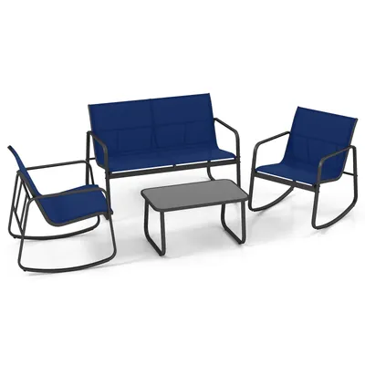 A set of outdoor furniture including a loveseat, two rocking chairs, and a coffee table, all on a white background.