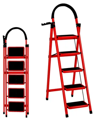 Produktbild von Klappbare Trittleiter mit 3/4/5 Stufen, Sicherheitsleiter mit Anti-Rutsch-Füßen, Robuste Stahlleiter, Einfach zu verstauen (Rot-schwarz, 5 Stufen, Höhe 148 cm)