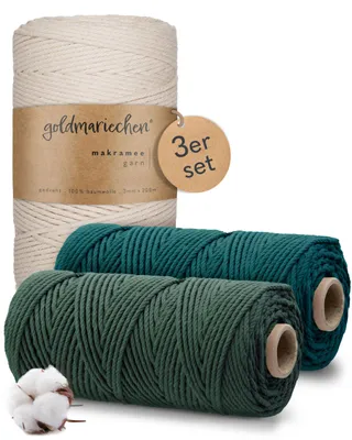 Produktbild von Makramee Garn 3er Set 3mm (Naturell 200m, Petrol 100m, Tannengrün 100m) 100% Baumwollgarn für DIY-Deko wie Halskette, Armband, Schlüsselanhänger