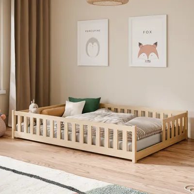 Image de Lit d'enfant au sol avec barrières de sécurité, sommier à lattes et matelas | Lit Montessori | Lit à barreaux | Lit pour enfants et adolescents | Lit simple | 140 x 200 cm | Naturel