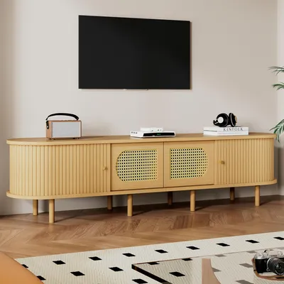 Produktbild von okwish Ovaler TV-Lowboard mit Schranktüren aus Rattan, TV-Ständer mit Stauraum, Wohnzimmerschrank,für Fernseher bis zu 75 Zoll,Natur