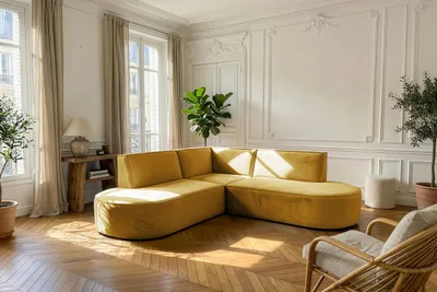 Produktbild von Ecksofa 3-Sitzer im Loft-Stil – Skandi-Design – Universelle L-Form Wohnlandschaft – Freistehend – inkl. 2 Dekokissen - 223 × 223 × 73 cm – Senfgelber Samt