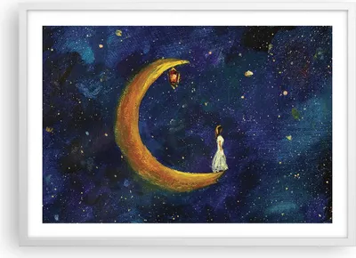 Produktbild von Gerahmtes Poster - Weißer Rahmen - Mädchen auf der Mond - 70x50 cm - Wand Bild - Wanddeko - Wandbilder - Kunstposter - Wandposter - Bilderrahmen - Bilder - Kunstdruck - P2WAA70x50-4575