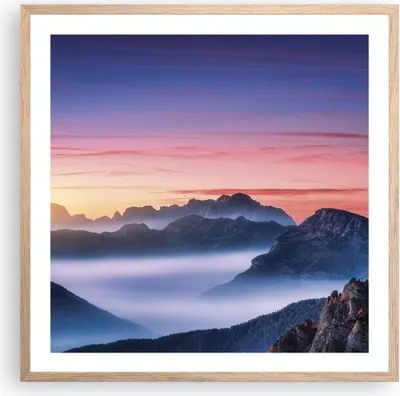 Produktbild von Gerahmtes Poster - Rahmen in heller Eiche - Westen Sonne Berge - 60x60 cm - Wand Bild - Wanddeko - Wandbilder - Kunstposter - Wandposter - Bilderrahmen - Bilder - Kunstdruck - P2NAC60x60-4525