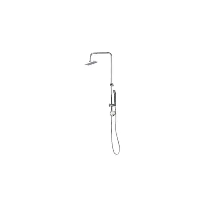 A silver shower head set on a white background.