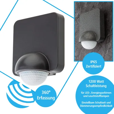 Produktbild von Bewegungsmelder Infrarot Bewegungssensor 180° Aussen LED geeignet 1200W Schaltleistung 230V IP65 10m Reichweite Anthrazit Dämmerungssensor einstellbar