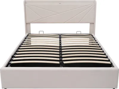 Produktbild von Flieks Polsterbett 160x200cm mit USB und Typ-C, Boxspringbett mit Lattenrost, Stauraumbett Jugendbett Doppelbett mit Stauraum, Leinen, Beige