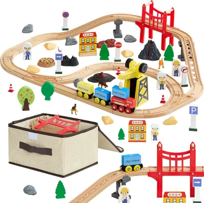 Image de VEVOR Set de train en bois 70 pièces, jouet ferroviaire pour enfants à partir de 3 ans, train grue de chantier, compatible avec les marques courantes, cadeau de Noël et d'anniversaire pour les tout-petits