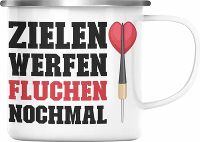 Produktbild von Trendation - Dart Emaille Tasse Dartpfeil Zielen Werfen Fluchen Nochmal Spruch Männer Dart-Spieler Geschenkidee (Silber)