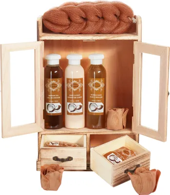 Produktbild von BRUBAKER Cosmetics Bade- und Pflegeset im Holzschrank - Wellness Badeset für Frauen - Damen Geschenkset mit Holz Dekoration, Kokosnuss Duft