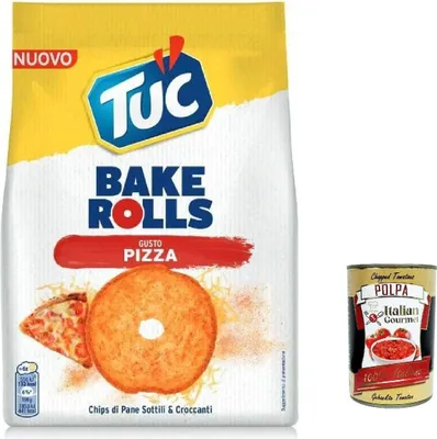 Produktbild von 12x Tuc Bake Rolls, dünne und knusprige Brotchips mit Pizzageschmack 150 g + Italian gourmet polpa 400g
