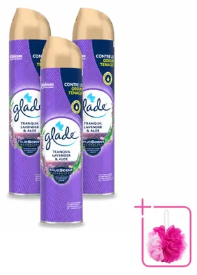 Imagen del producto de 3 aerosoles ambientadores Glade, aroma lavanda y aloe, 300 ml, pack ahorro, 3 unidades