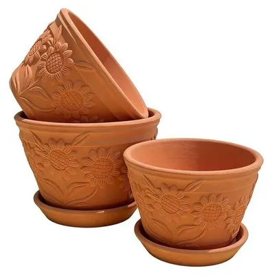 Produktbild von Set aus 3 Terrakotta-Pflanzgefäßen mit Untersetzern – im Boho-Stil, für Innen- und Außenbereich