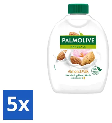 Imagen del producto de 5 unidades de jabón líquido para manos Palmolive Naturals, refill de leche y almendras, 300 ml, pack ahorro