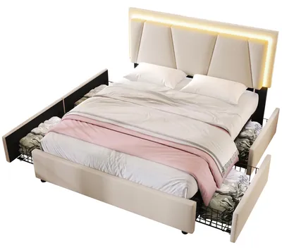 Productafbeelding van Boxspringbed 160x200 cm, beige, met LED-verlichting, 4 lades, verstelbaar hoofdeinde en een lattenbodem, geschikt voor de slaapkamer